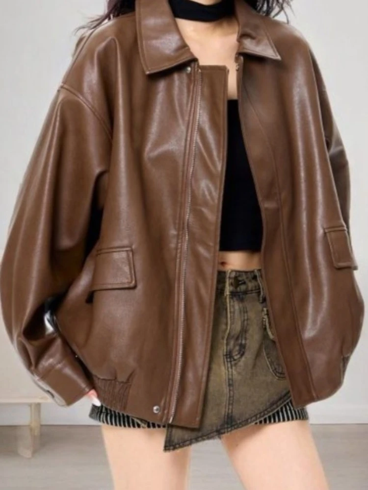 Brown Causal Loose Leather Jacket Women Pockets Chic Fashion Leather Jacket Female 2025autumn Streetwear High Street Korean Coat
Brown Causal Loose Leather Jacket Women Pockets Chic Fashion Leather Jacket Female 2025autumn Streetwear High Street Korean Coat