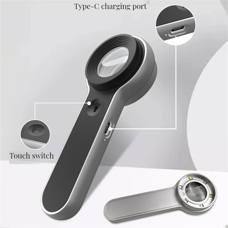 Handheld 10X Magnifier Rechargeable Loupe Reading Jewelry Touch Switch Magnifying Glass with Led and Uv Light for Reading Repair
Handheld 10X Magnifier Rechargeable Loupe Reading Jewelry Touch Switch Magnifying Glass with Led and Uv Light for Reading Repair