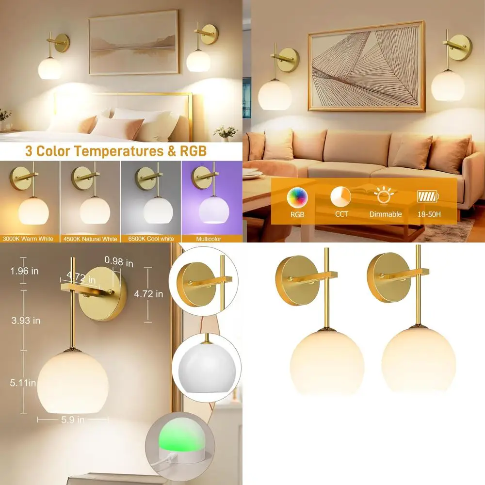 Pair of Battery-Powered LED Wall Sconces with Remote, 3-Color RGB Lighting, Frosted Glass Design for Home Decor (Gold)
Pair of Battery-Powered LED Wall Sconces with Remote, 3-Color RGB Lighting, Frosted Glass Design for Home Decor (Gold)