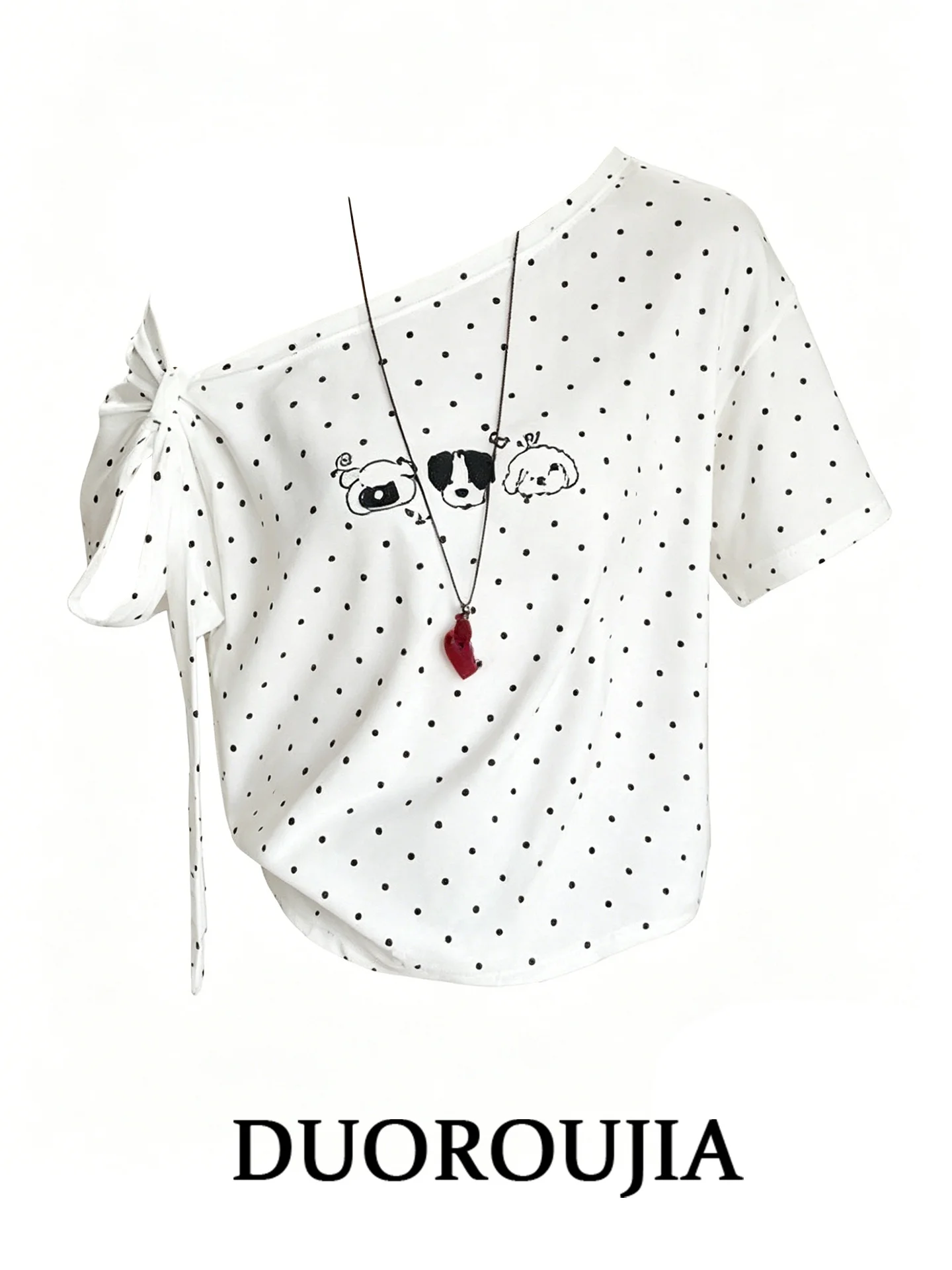Sweet Polka Dot Asymmetrical Shoulder Short Sleeve T-Shirt Women's plus Size Summer Dog Exposure Design Sense Top
Sweet Polka Dot Asymmetrical Shoulder Short Sleeve T-Shirt Women's plus Size Summer Dog Exposure Design Sense Top