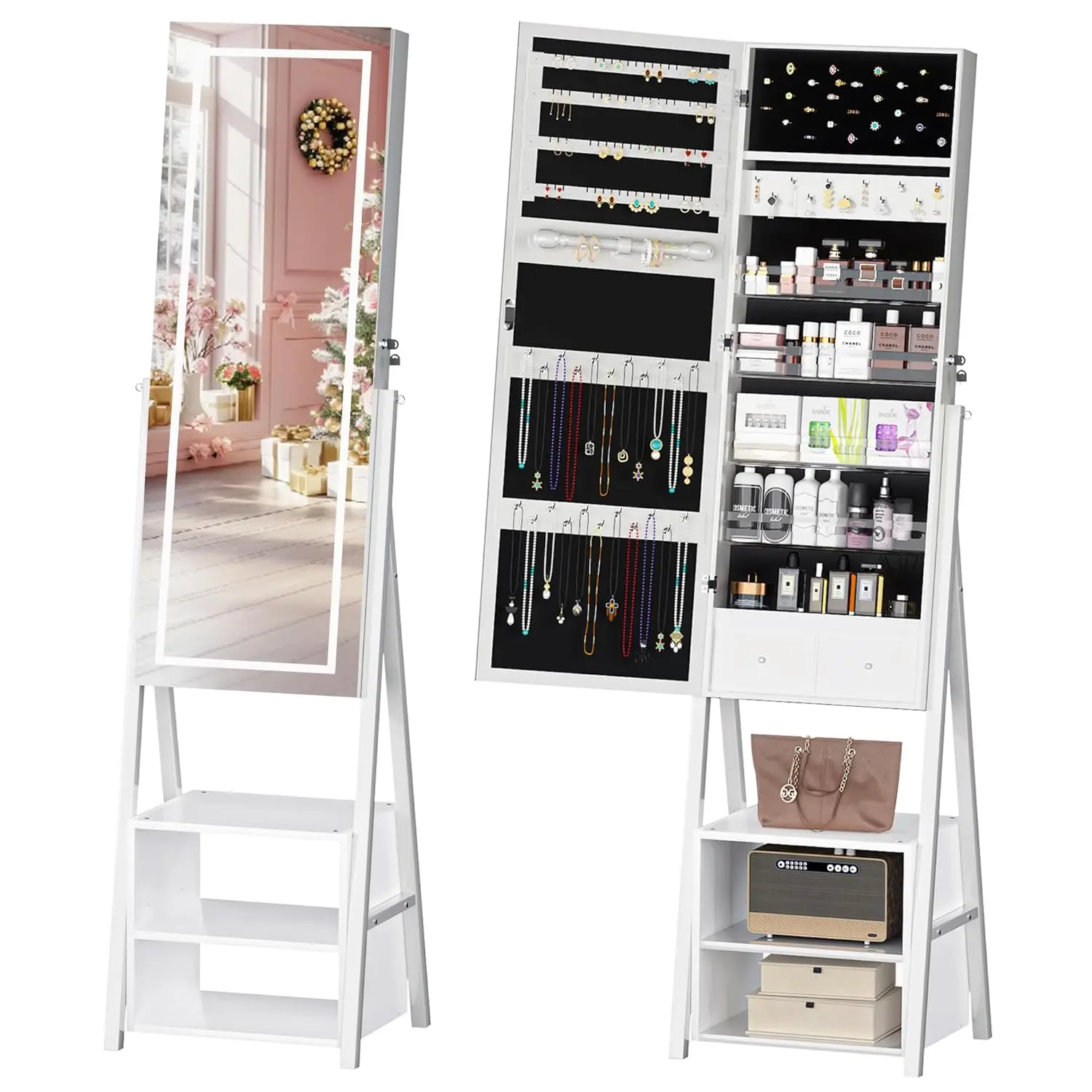 63" Full Length Mirror Jewelry Cabinet with Lights & Lock,USB Powered,3 Color Modes,Standing Organizer,Customized
63" Full Length Mirror Jewelry Cabinet with Lights & Lock,USB Powered,3 Color Modes,Standing Organizer,Customized