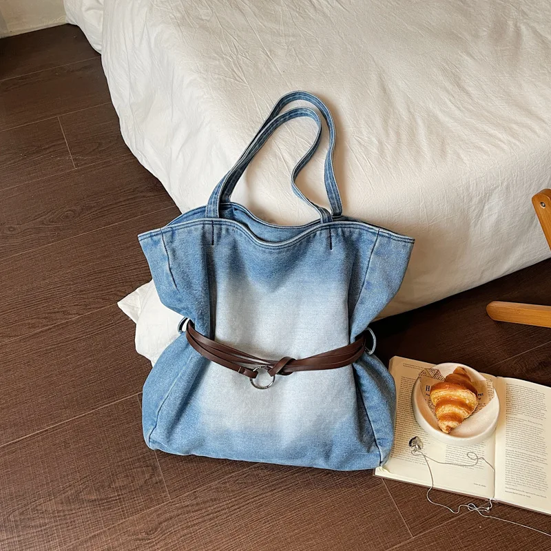 Washed Denim Tote Bag for Women Large Capacity Shoulder Purse with Belted Waist Design Casual Everyday Handbag Blue
Washed Denim Tote Bag for Women Large Capacity Shoulder Purse with Belted Waist Design Casual Everyday Handbag Blue
