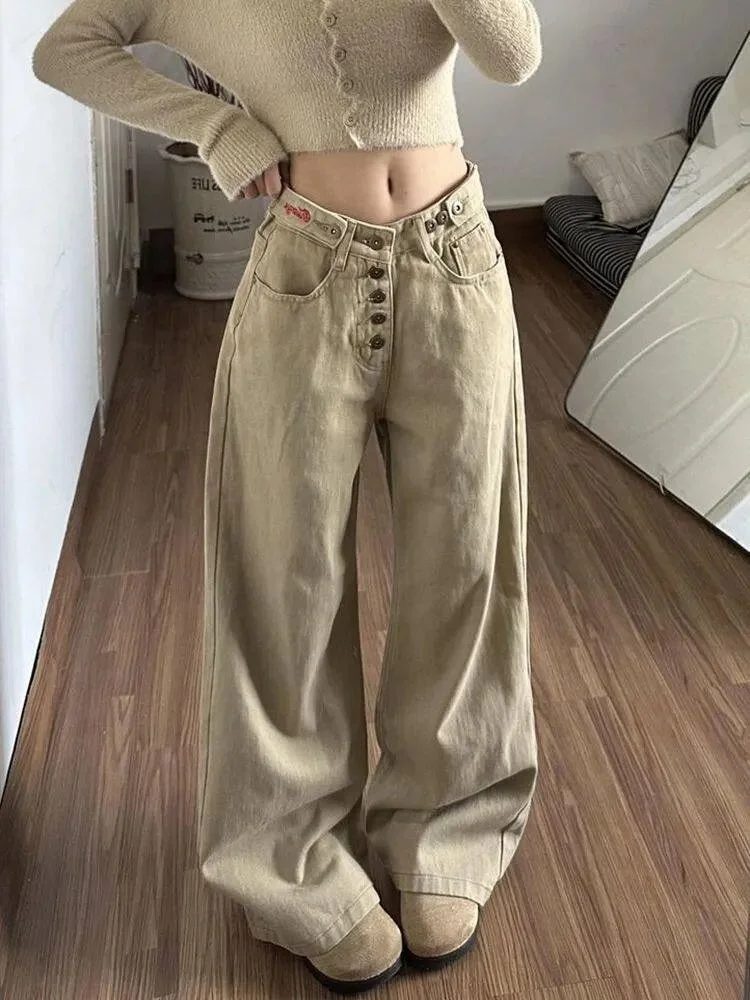 American Sle Retro Waed Button Wide Leg Denim Jeans Women's New Khaki Color Versatile Loose Casual Slimming Pants
American Sle Retro Waed Button Wide Leg Denim Jeans Women's New Khaki Color Versatile Loose Casual Slimming Pants
