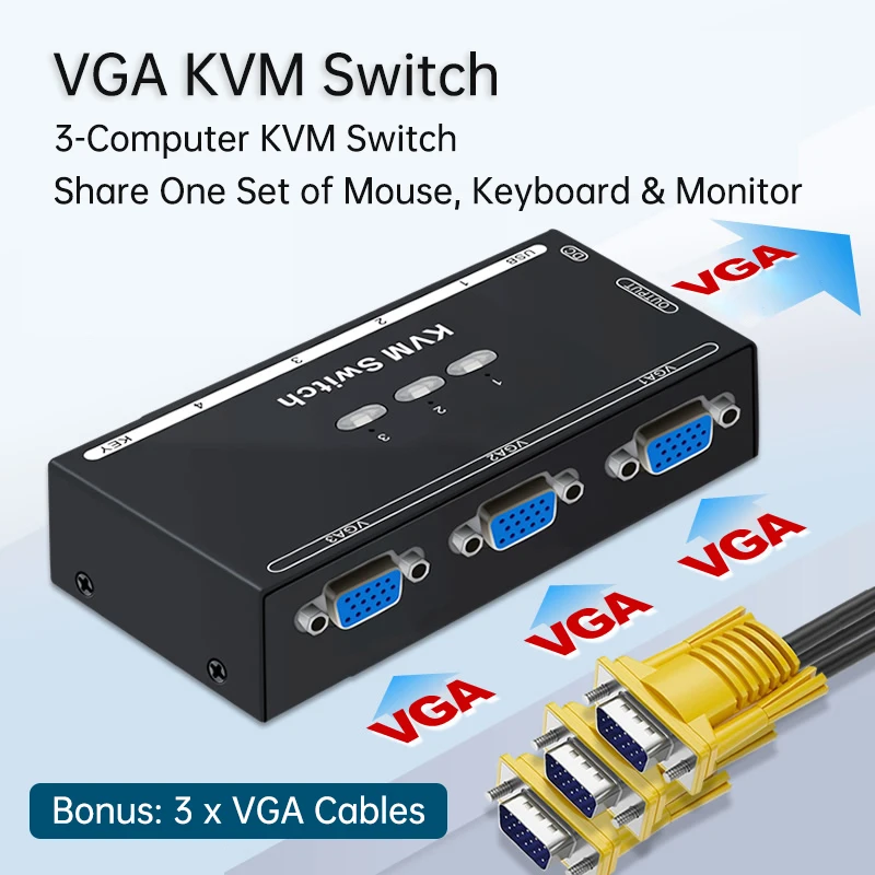 3-портовый KVM-переключатель VGA 3 в 1, выход для ПК, ноутбуков, видеорегистраторов, доступа к клавиатуре, мыши, монитора, USB-устройствам
3-портовый KVM-переключатель VGA 3 в 1, выход для ПК, ноутбуков, видеорегистраторов, доступа к клавиатуре, мыши, монитора, USB-устройствам