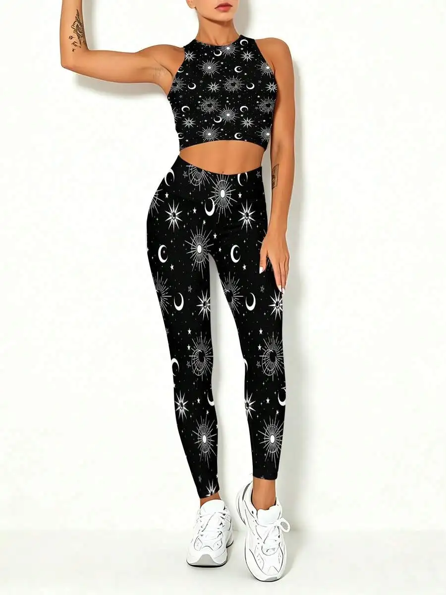 Women Cosmic Print Yoga Set Quick Dry Vest And Leggings Star Moon Sunburst Pattern Casual Sport Outfit
Women Cosmic Print Yoga Set Quick Dry Vest And Leggings Star Moon Sunburst Pattern Casual Sport Outfit