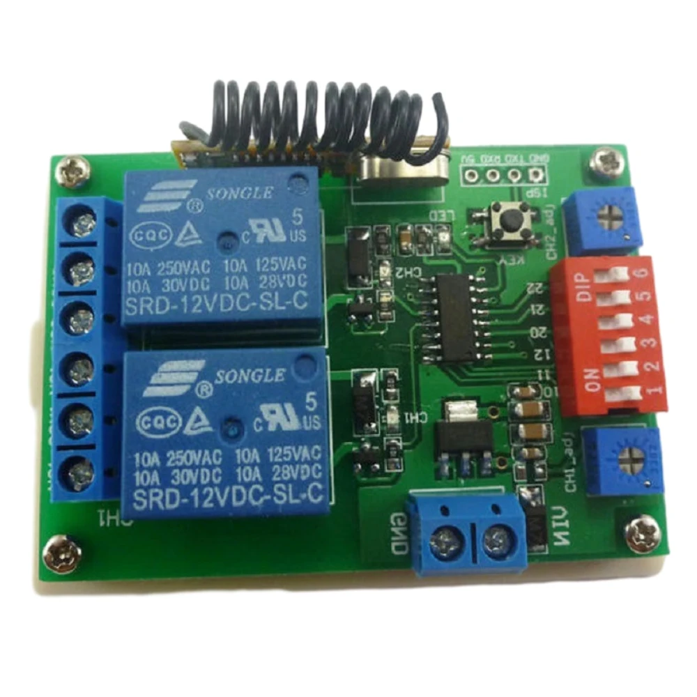 433m DC12V 2Ch Multifunctional Wireless RF Receiver Timing Delay Relay High Power 2 Button Ev1527 Remote Control for Motor LED
433m DC12V 2Ch Multifunctional Wireless RF Receiver Timing Delay Relay High Power 2 Button Ev1527 Remote Control for Motor LED