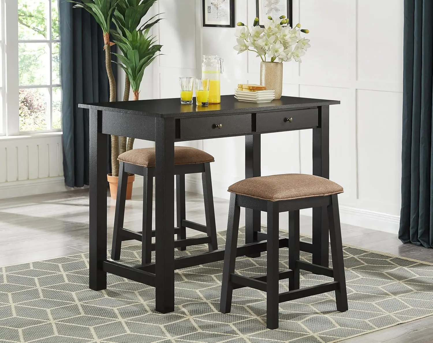 3-Piece Counter Height Bar Set Black Table With Drawer & 2 Backless Stools Fabric Seat, Customized
3-Piece Counter Height Bar Set Black Table With Drawer & 2 Backless Stools Fabric Seat, Customized