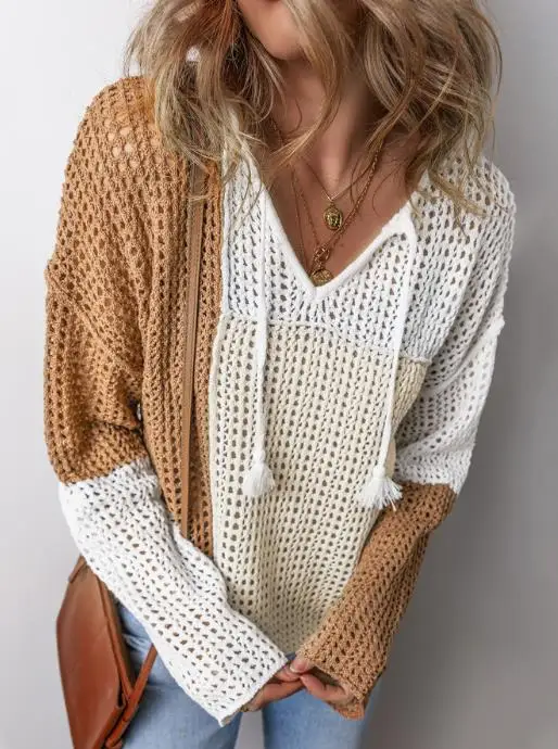 Autumn new women's V-neck long sleeved shirt casual style color blocked hollow sweater elegant slim fit fashionable knitted top
Autumn new women's V-neck long sleeved shirt casual style color blocked hollow sweater elegant slim fit fashionable knitted top