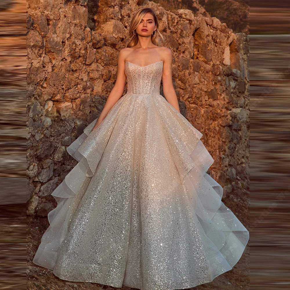 Elegant Sexy Sleeveless Women Wedding Dresses Shining Glitter Wedding Gowns Mopping Length Party Vestidos De Novias Customized
Elegant Sexy Sleeveless Women Wedding Dresses Shining Glitter Wedding Gowns Mopping Length Party Vestidos De Novias Customized