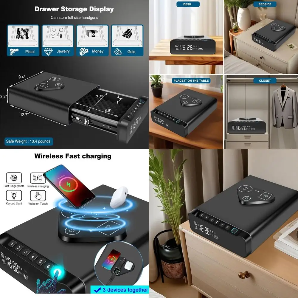 Биометрический сейф с функцией распознавания отпечатков пальцев, 3-в-1: часы, беспроводная зарядка и термометр-будильник для оружия и ценных вещей
Биометрический сейф с функцией распознавания отпечатков пальцев, 3-в-1: часы, беспроводная зарядка и термометр-будильник для оружия и ценных вещей