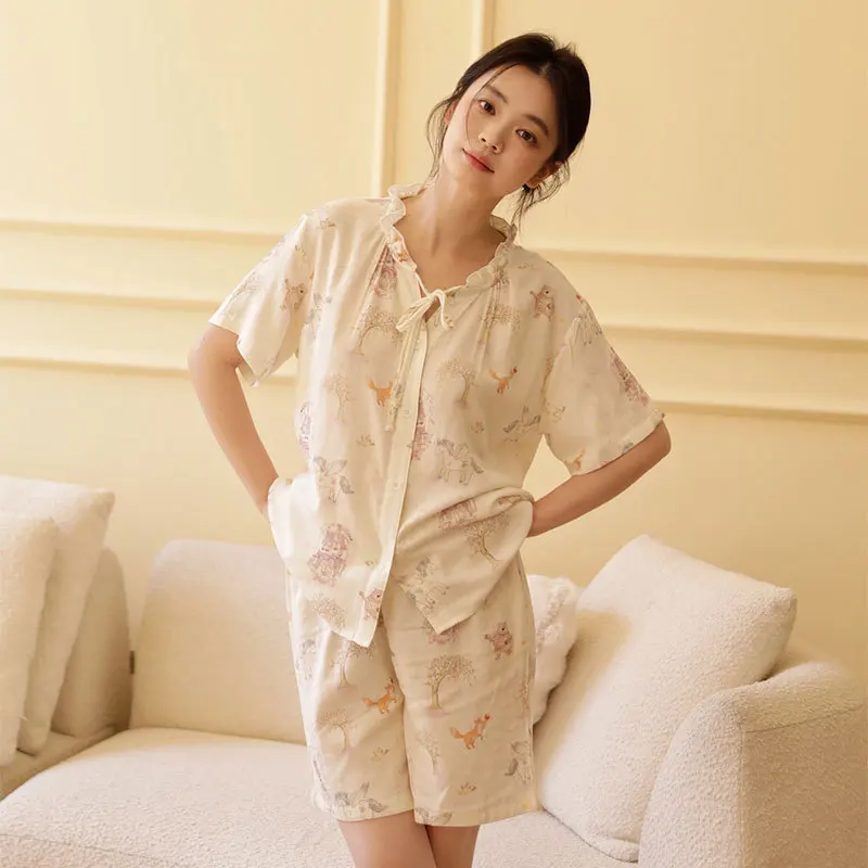 70% Bamboo Cotton 30% Cotton Women's Pajama Set, Cute Cartoon Print Loose Sleepwear W/ Ruffle Collar Short Set for Spring/Summer
70% Bamboo Cotton 30% Cotton Women's Pajama Set, Cute Cartoon Print Loose Sleepwear W/ Ruffle Collar Short Set for Spring/Summer