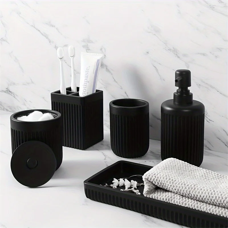 Matte Black Bathroom Accessories Set – Glass Soap Dispenser, Toothbrush Holder & Resin Tray for Modern Sink Counter Decor
Matte Black Bathroom Accessories Set – Glass Soap Dispenser, Toothbrush Holder & Resin Tray for Modern Sink Counter Decor