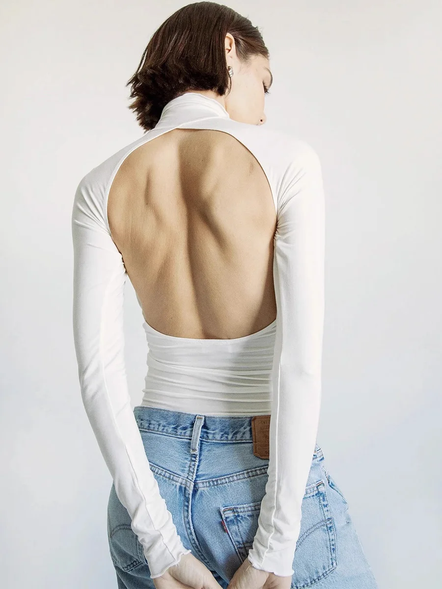 Sexy Slim Fit High Collar Backless Long Sleeve T-Shirt with Chest Pad Spring Fashion Casual Style Pure Color Cotton Blend Top
Sexy Slim Fit High Collar Backless Long Sleeve T-Shirt with Chest Pad Spring Fashion Casual Style Pure Color Cotton Blend Top