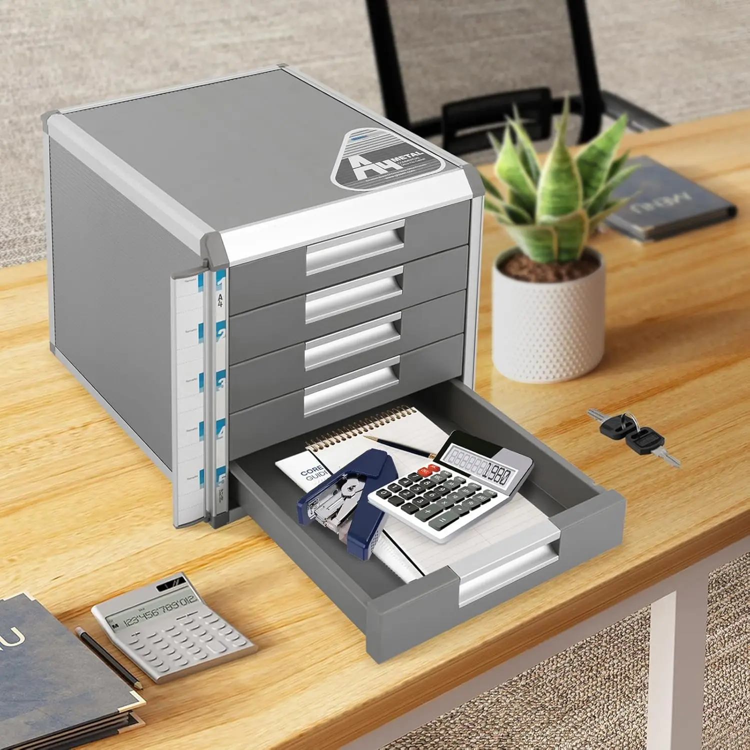 Lockable 5 Tier Desktop Storage Drawer, Aluminium Alloy Document Organizer Cabinet with Keys, Metal Office Paper Storage Box
Lockable 5 Tier Desktop Storage Drawer, Aluminium Alloy Document Organizer Cabinet with Keys, Metal Office Paper Storage Box