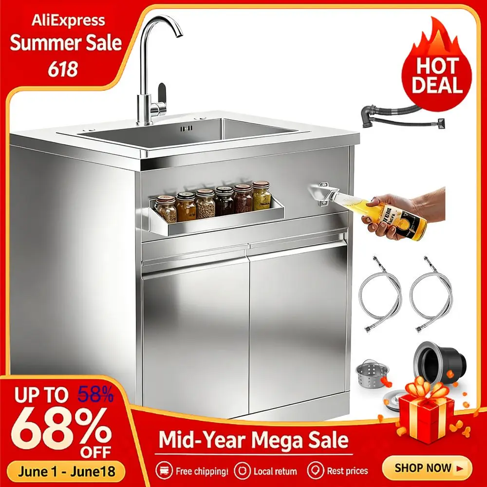 Stainless Steel Single bowl kitchen sink Cabinet With hose hookup and Faucet, Outdoor Sink with Storage, Brake Wheels, Custom
Stainless Steel Single bowl kitchen sink Cabinet With hose hookup and Faucet, Outdoor Sink with Storage, Brake Wheels, Custom