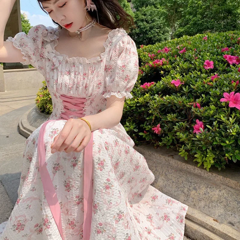 Women Dress Lace Up Korean Princess Fairy Sweet Midi Elegant Floral Dress Bandage Chic Designer Puff Sleeve Casual Dress Summer
Women Dress Lace Up Korean Princess Fairy Sweet Midi Elegant Floral Dress Bandage Chic Designer Puff Sleeve Casual Dress Summer