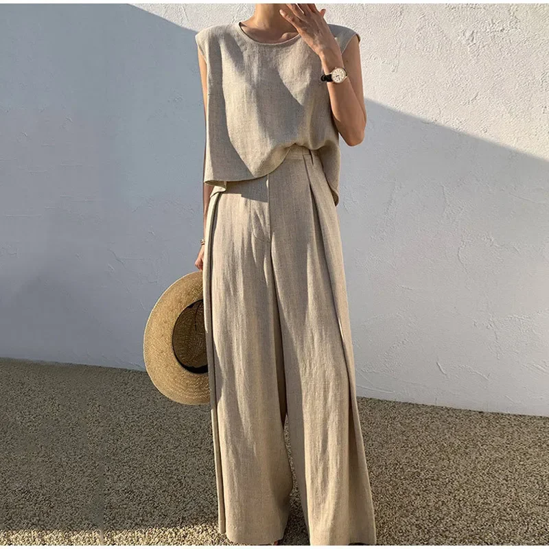 Spring Cotton Linen Women's Tracksuit Suit Sleeveless Vest Wide-leg Loose Pants Set Female Casual Elegant Ladies 2 Piece Sets
Spring Cotton Linen Women's Tracksuit Suit Sleeveless Vest Wide-leg Loose Pants Set Female Casual Elegant Ladies 2 Piece Sets