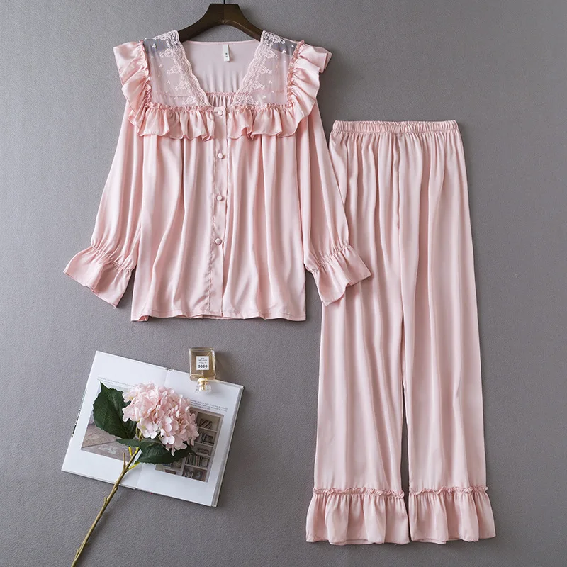 Women Pajamas Set Long Sleeve Trouser Pijamas Suit V-Neck Lace Nightwear Spring Lady Satin Home Clothes Sleepwear Loungewear
Women Pajamas Set Long Sleeve Trouser Pijamas Suit V-Neck Lace Nightwear Spring Lady Satin Home Clothes Sleepwear Loungewear