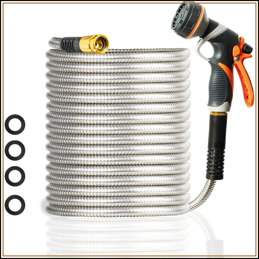 125FT Metal Garden Hose, 304 Stainless Steel, No Kink, Lightweight, with Brass Nozzle
125FT Metal Garden Hose, 304 Stainless Steel, No Kink, Lightweight, with Brass Nozzle