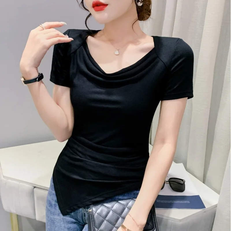#5564 Short Sleeve T-Shirt For Women Cotton V-neck Black Wihte Yellow Asymmetrical T Shirt Sexy Short Sleeve Women Tshirt Slim
#5564 Short Sleeve T-Shirt For Women Cotton V-neck Black Wihte Yellow Asymmetrical T Shirt Sexy Short Sleeve Women Tshirt Slim