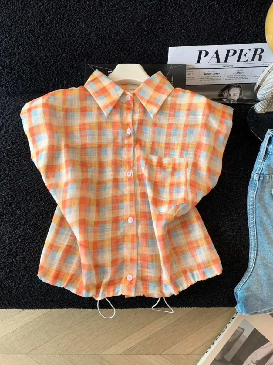 Sweet Youthful Plaid Short Sleeve Shirt Women's Summer New Style Single Button Short Drawstring Stand Collar Top
Sweet Youthful Plaid Short Sleeve Shirt Women's Summer New Style Single Button Short Drawstring Stand Collar Top