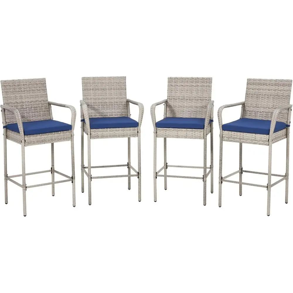 4-Piece Outdoor Wicker Bar Stool Set with Cushions, Weather-Resistant for Backyard, Pool, or Garden (Grey/Blue)
4-Piece Outdoor Wicker Bar Stool Set with Cushions, Weather-Resistant for Backyard, Pool, or Garden (Grey/Blue)