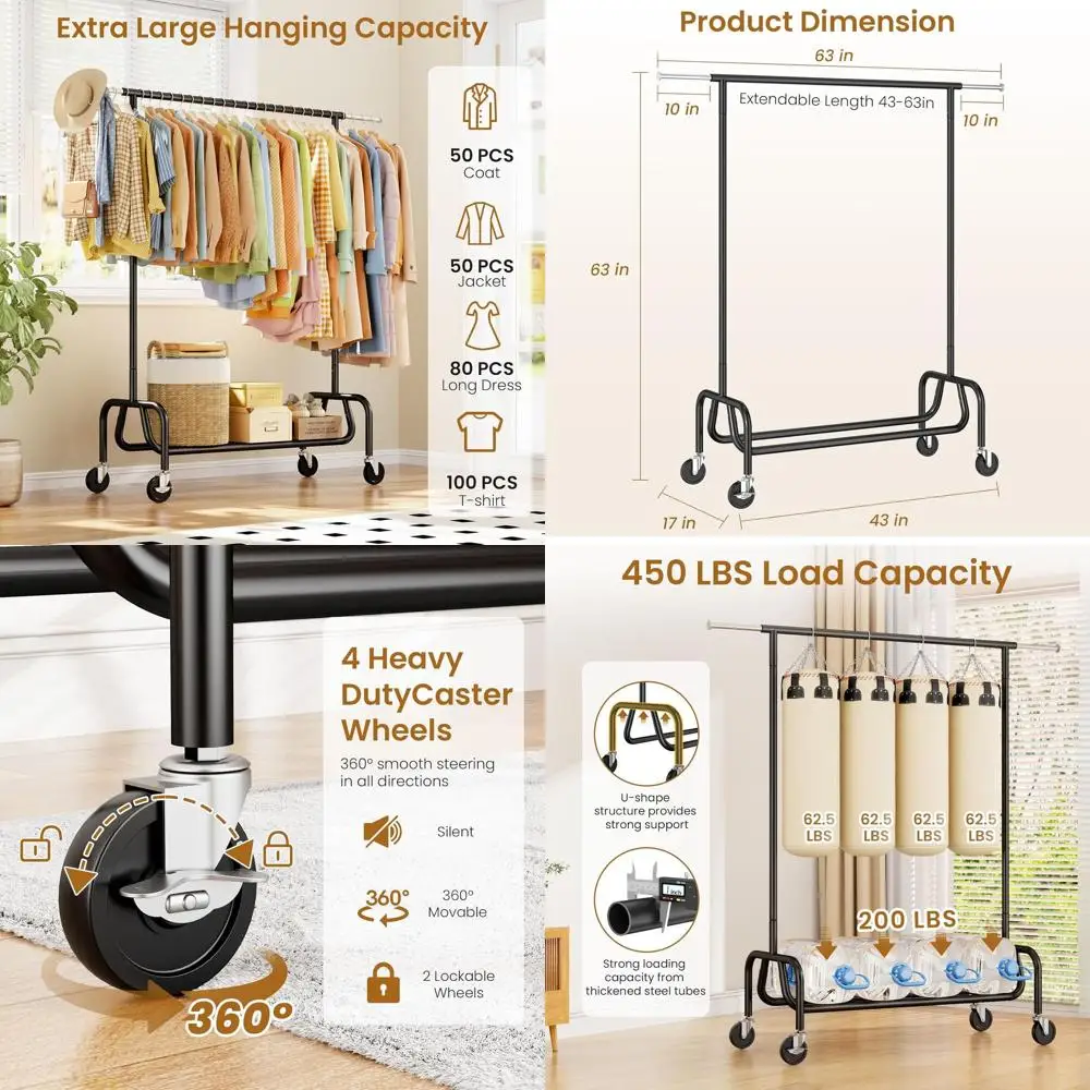 Black Heavy-Duty Metal Rolling Clothes Rack with Shelf for Hanging Garments
Black Heavy-Duty Metal Rolling Clothes Rack with Shelf for Hanging Garments