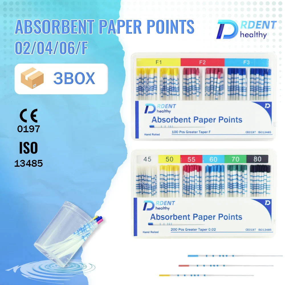 DrdenT 3 Boxs Absorbent Paper Points Endodontic Cones 02 04 06 F Taper With scale Root canal paper points PP Sterile CE
DrdenT 3 Boxs Absorbent Paper Points Endodontic Cones 02 04 06 F Taper With scale Root canal paper points PP Sterile CE