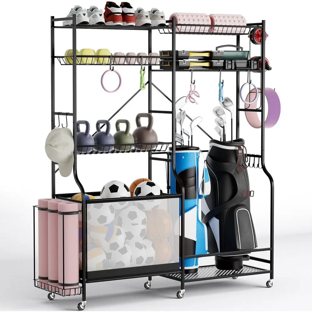 Portable Sports Equipment Organizer with Rolling Wheels, Adjustable Shelves, and Detachable Hooks for Basketball and Football Ge
Portable Sports Equipment Organizer with Rolling Wheels, Adjustable Shelves, and Detachable Hooks for Basketball and Football Ge