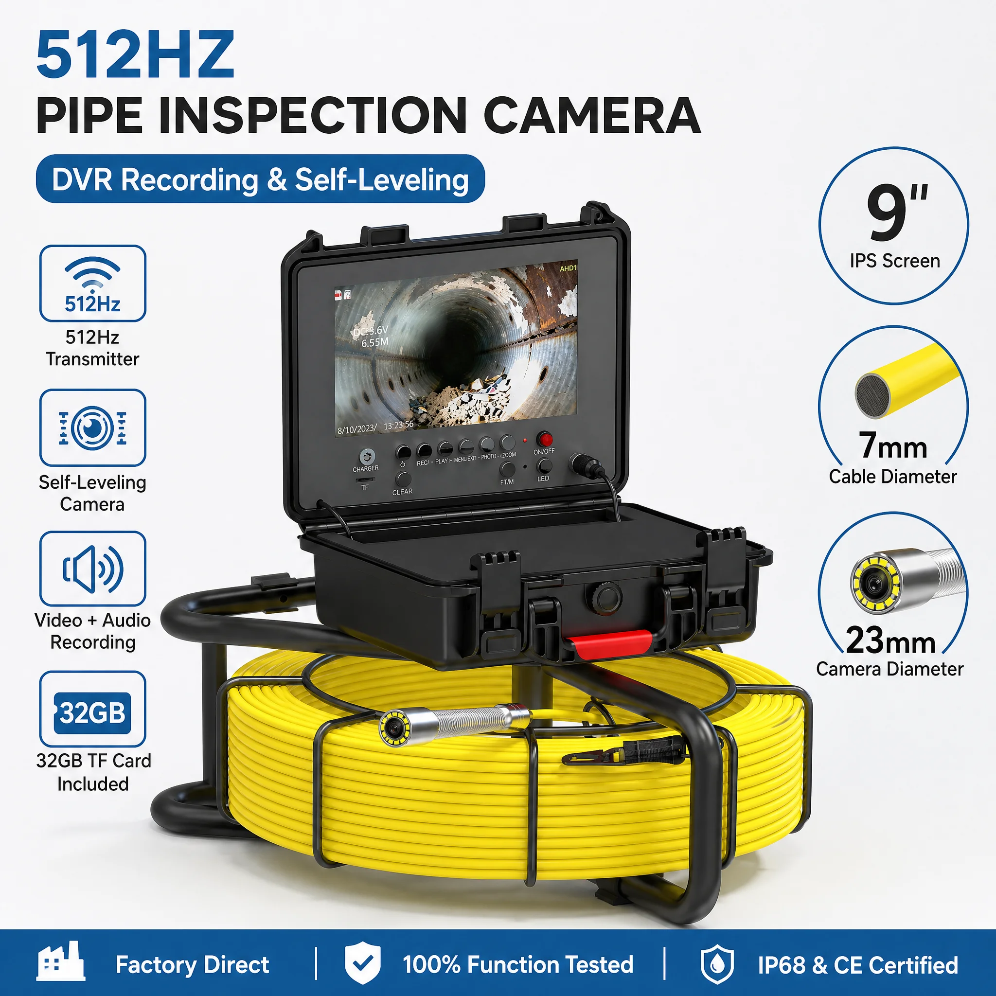 60M Sewer Camera 9" IPS 512Hz Transmitter Self-Leveling Meter Counter 7mm Cable DVR 32GB 1080P Drain Pipe Inspection Endoscope
60M Sewer Camera 9" IPS 512Hz Transmitter Self-Leveling Meter Counter 7mm Cable DVR 32GB 1080P Drain Pipe Inspection Endoscope