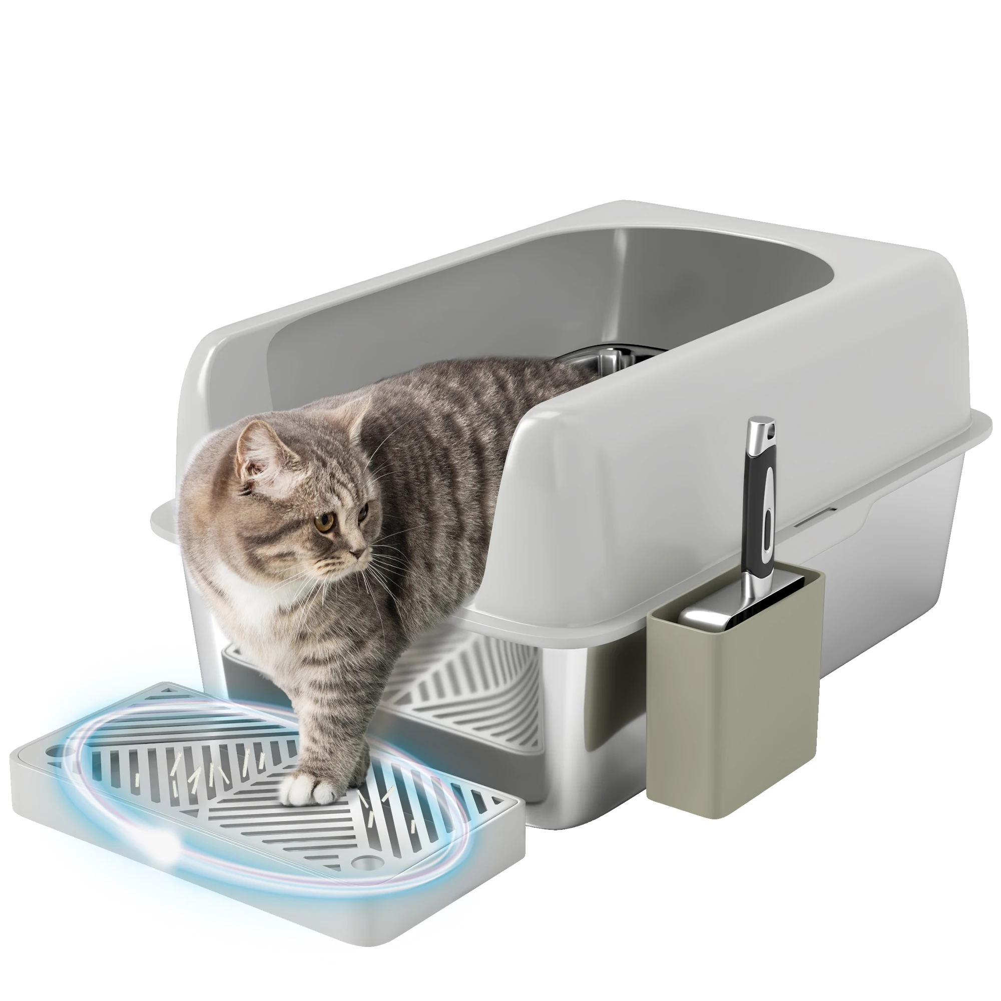 High Sided Stainless Steel Litter Box with Metal Scoop & Scoop Holder, for Easy Clean& Anti-Urine Leakage, Light Gray
High Sided Stainless Steel Litter Box with Metal Scoop & Scoop Holder, for Easy Clean& Anti-Urine Leakage, Light Gray