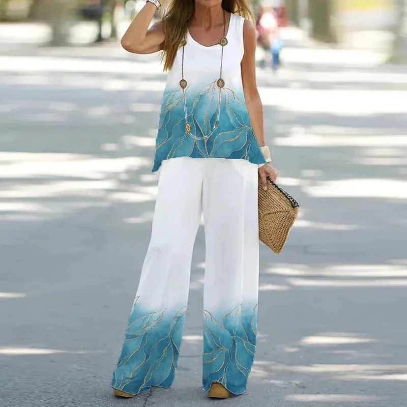 Summer Casual Women's Printed Sleeveless Top lastic High Waisted Pants Fashionable And Loose Two-piece Set
Summer Casual Women's Printed Sleeveless Top lastic High Waisted Pants Fashionable And Loose Two-piece Set