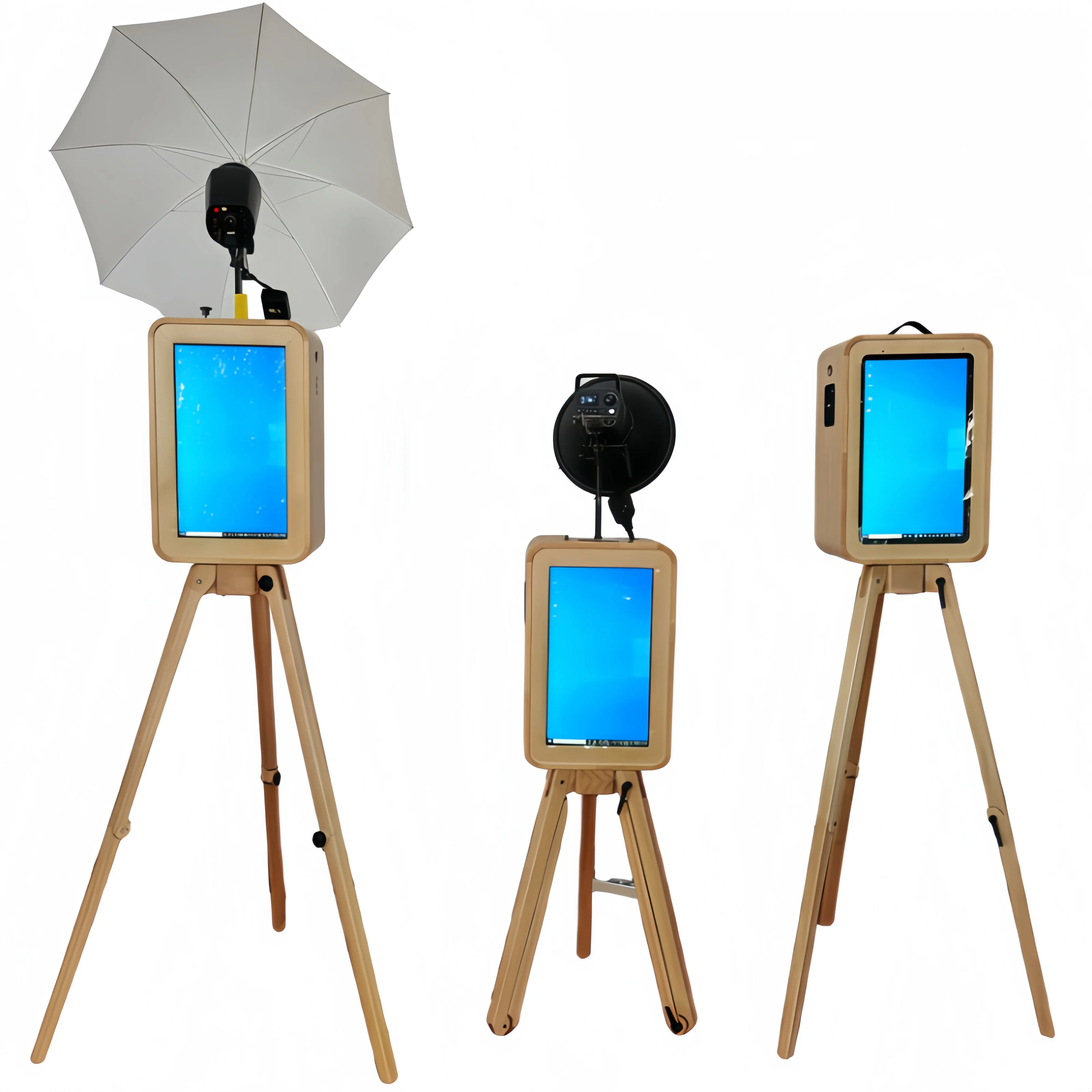 Double-Sided Retro Wooden Photo Booth with Touch Screen Printer Stand Compatible with DSLR Cameras and IPad Flash Stand