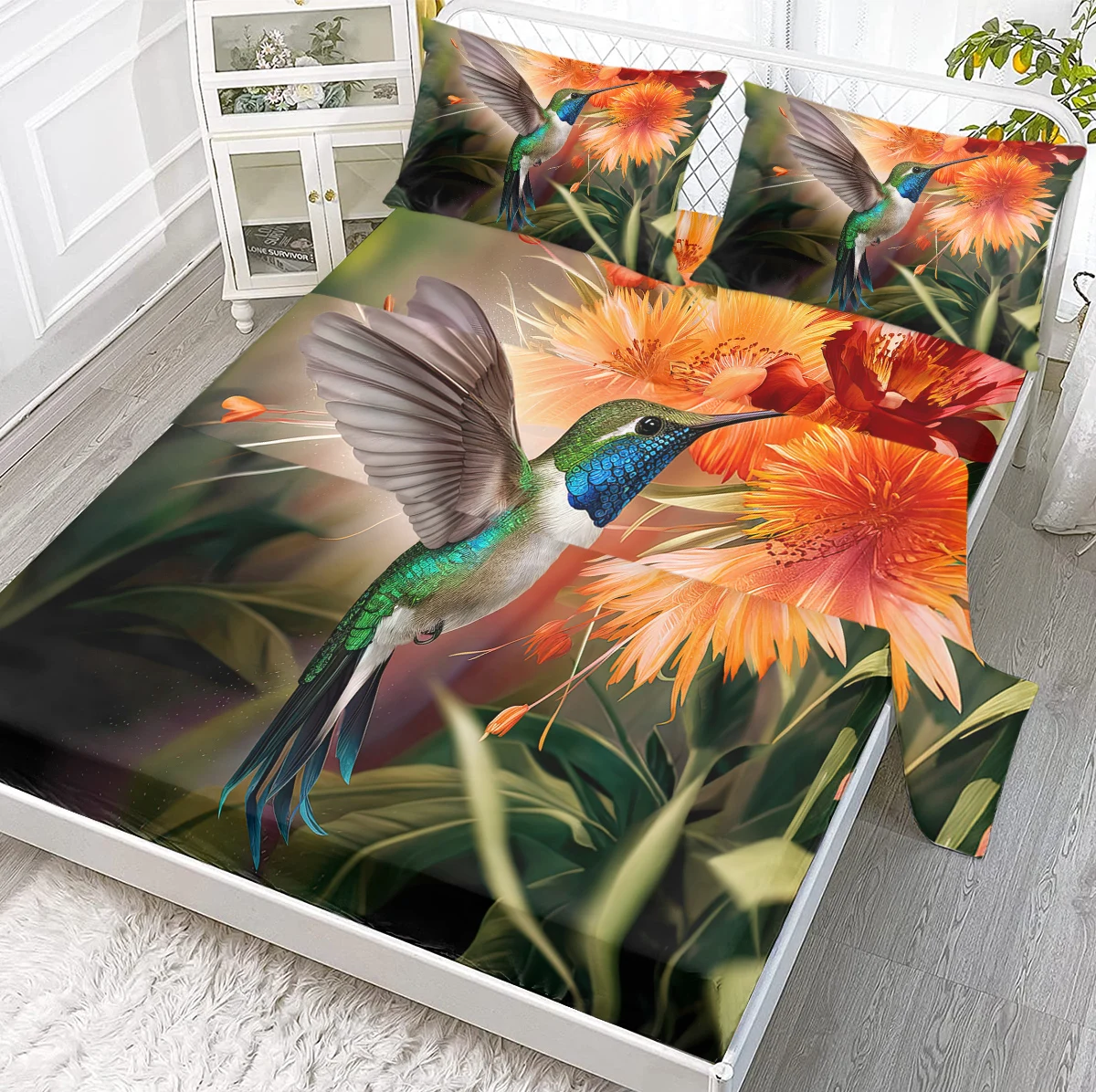 Hummingbird Orange Flower Bud Pattern Bed Sheets 4-Piece Breathable Soft Includes 1 Flat Sheet,1 Fitted Sheet,2 Shams
Hummingbird Orange Flower Bud Pattern Bed Sheets 4-Piece Breathable Soft Includes 1 Flat Sheet,1 Fitted Sheet,2 Shams