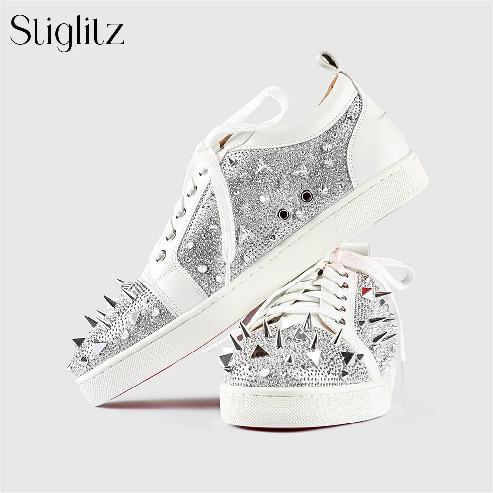 Silver Rivet Rhinestone Sneakers White Leather Lace-Up Casual Shoes Designer Style Handmade Leather Men Shoes Customizable Color
Silver Rivet Rhinestone Sneakers White Leather Lace-Up Casual Shoes Designer Style Handmade Leather Men Shoes Customizable Color
