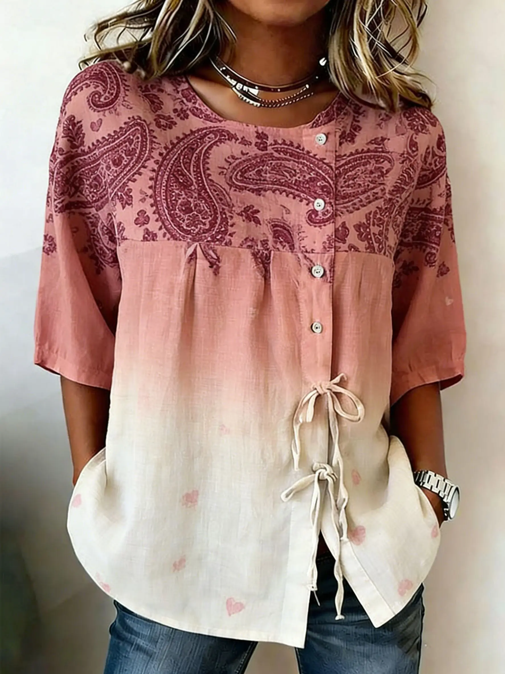 Women's Ombre Paisley & Heart Print Drawstring Button Up Blouse, Casual Round Neck Tops for Spring Summer Daily Vacation Wear
Women's Ombre Paisley & Heart Print Drawstring Button Up Blouse, Casual Round Neck Tops for Spring Summer Daily Vacation Wear