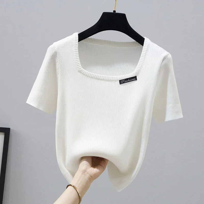 Square Collar Knitted T Shirt For Women Short Sleeve Tshirts Basic Slim Crop Tops Mujer Summer Korean Fashion Woman Clothing
Square Collar Knitted T Shirt For Women Short Sleeve Tshirts Basic Slim Crop Tops Mujer Summer Korean Fashion Woman Clothing