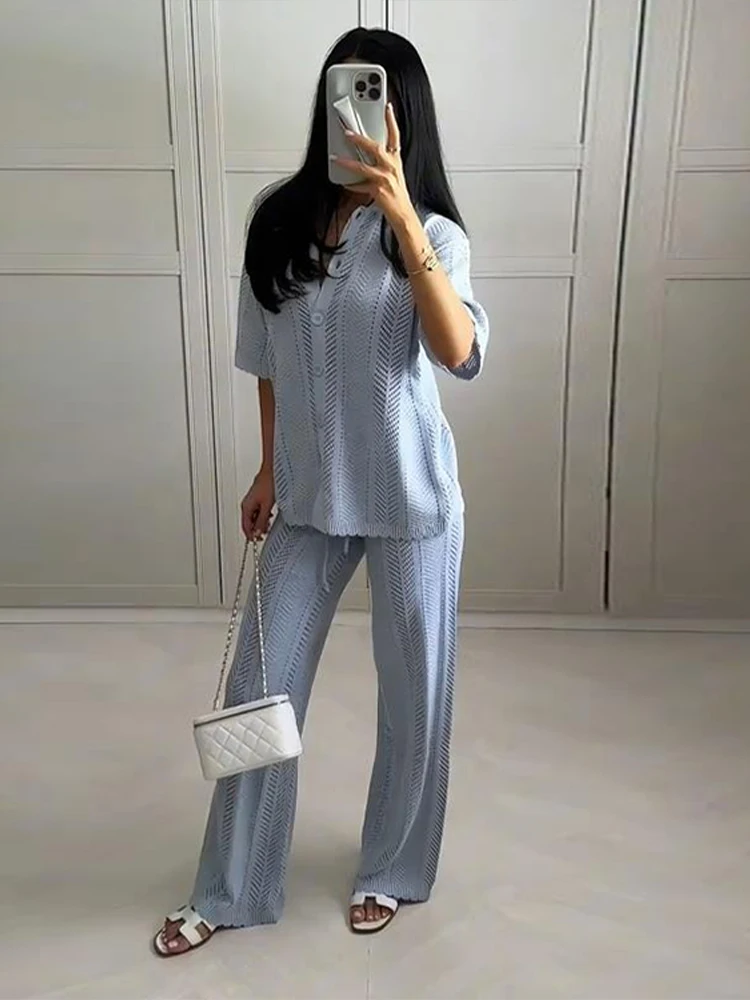 Knit Pants Suits Women Lapel Half Sleeves Hollow Out Single Breasted Top Elastic Waist Straight Trouser 2025 Summer Lady Sets
Knit Pants Suits Women Lapel Half Sleeves Hollow Out Single Breasted Top Elastic Waist Straight Trouser 2025 Summer Lady Sets