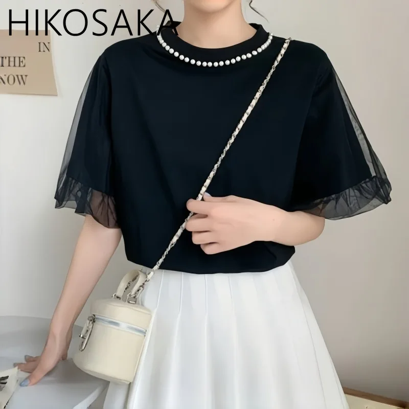 Neckline Pearl Trim O-neck Pullover Tee Gauze Patchwork Short Sleeve Casual Tshirts Simple All-match Streetwear Solid Top
Neckline Pearl Trim O-neck Pullover Tee Gauze Patchwork Short Sleeve Casual Tshirts Simple All-match Streetwear Solid Top