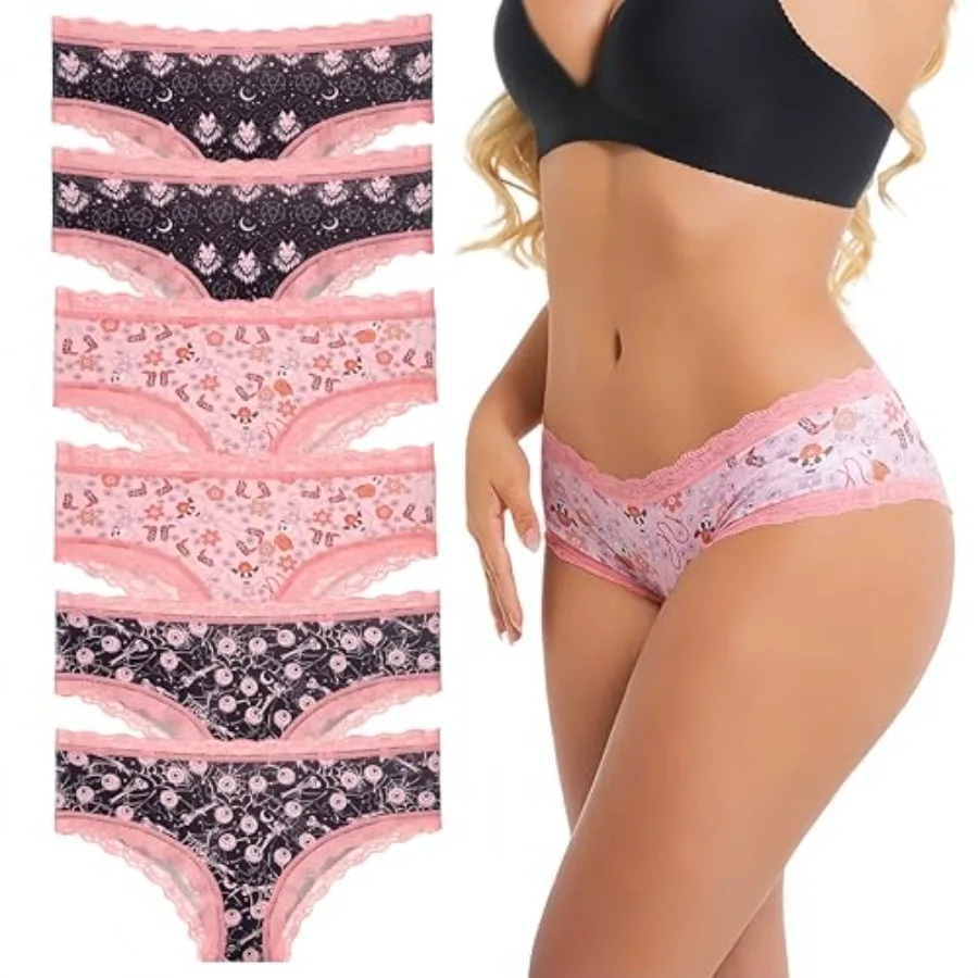 Women's Bikini Underwear, Lace Trim, Pink and Black, Dark Horror Print, 6-Pack
Women's Bikini Underwear, Lace Trim, Pink and Black, Dark Horror Print, 6-Pack