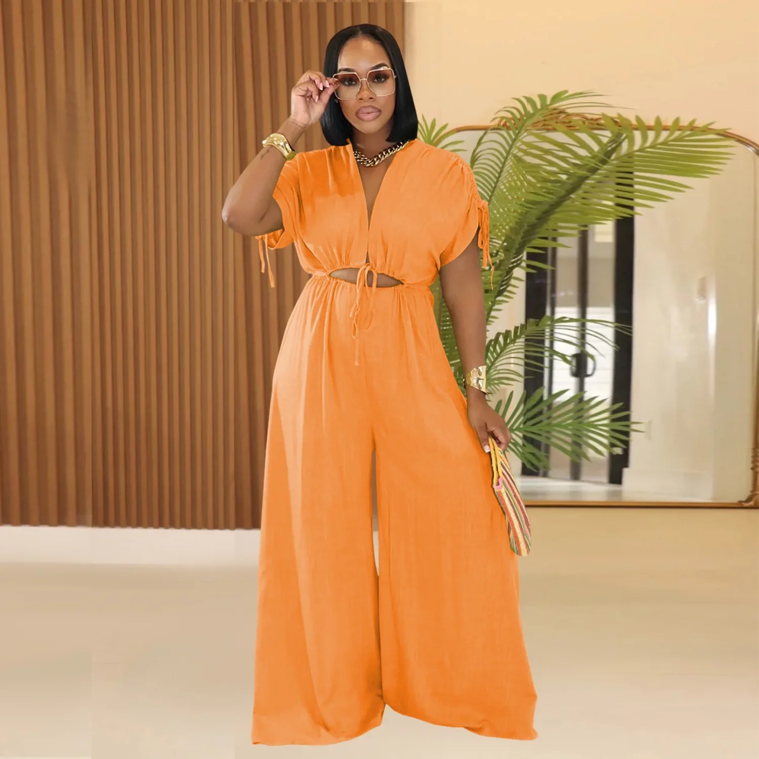 Women Cutout Front Ruched Shoulder Short Sleeve Wide Leg Jumpsuits 2025 Summer Vacation Outfits One Piece Suit Romper
Women Cutout Front Ruched Shoulder Short Sleeve Wide Leg Jumpsuits 2025 Summer Vacation Outfits One Piece Suit Romper