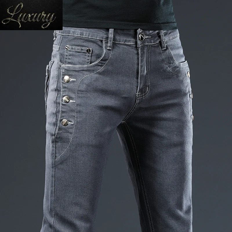 Button Side Men Jeans Slim Skinny Classic Casual All-match Dark Grey Office Male Stretch Denim Pants Brand Clothing
Button Side Men Jeans Slim Skinny Classic Casual All-match Dark Grey Office Male Stretch Denim Pants Brand Clothing