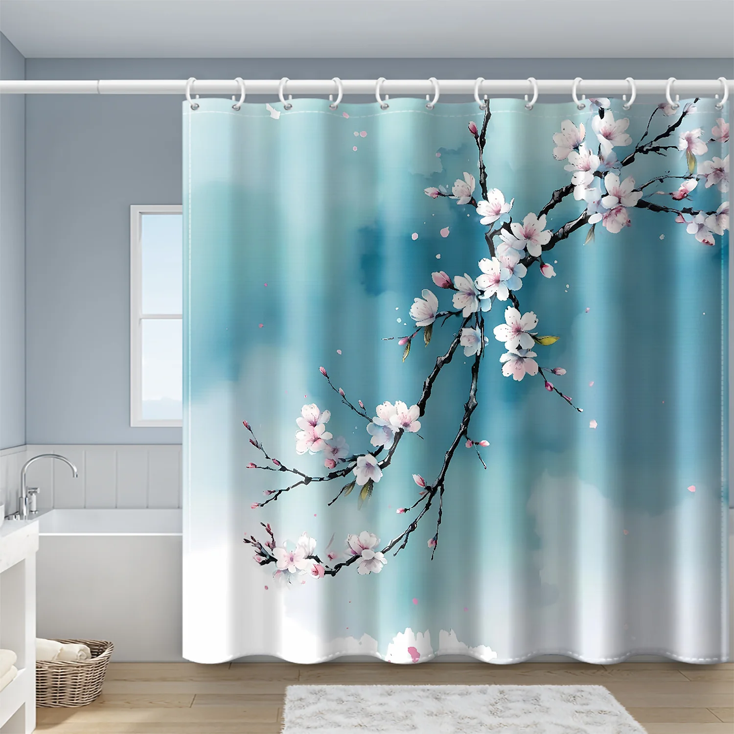 Акварельная занавеска для душа с изображением цветущей вишни, мягким голубым небом и падающими лепестками для создания умиротворяющего декора ванной комнаты в весеннем стиле.
Акварельная занавеска для душа с изображением цветущей вишни, мягким голубым небом и падающими лепестками для создания умиротворяющего декора ванной комнаты в весеннем стиле.