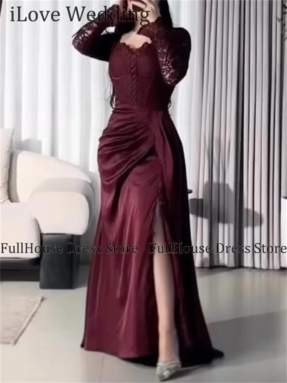 Bespoke Occasion Burgundy Sweetheart Collar Long Sleeve Lace Evening Dress Sheath Sexy Side Slit Backless Prom Party Dress
Bespoke Occasion Burgundy Sweetheart Collar Long Sleeve Lace Evening Dress Sheath Sexy Side Slit Backless Prom Party Dress