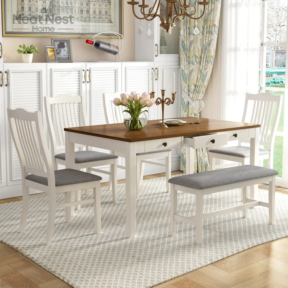TOPMAX Mid-Century 6-Piece Wood Dining Table Set,Kitchen Table Set with Drawer,Upholstered Chairs and Bench, modern dining chair
TOPMAX Mid-Century 6-Piece Wood Dining Table Set,Kitchen Table Set with Drawer,Upholstered Chairs and Bench, modern dining chair