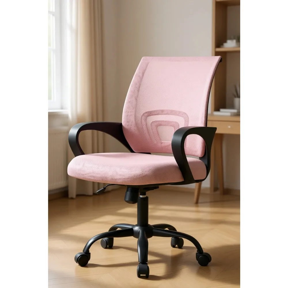 Ergonomic Mid Back Mesh Office Chair with Lumbar Support Rocking Mode Height Adjustable Fixed Armrest 360 Swivel Pink