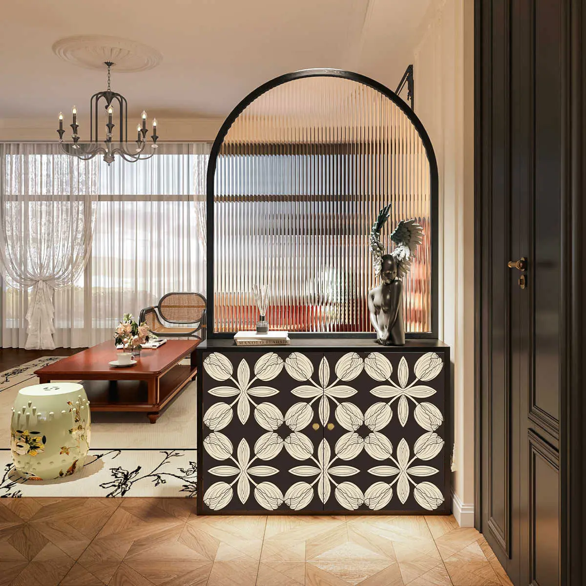 French retro abstract entrance cabinet Solid wood entry door screen Changhong glass partition Living room storage locker
French retro abstract entrance cabinet Solid wood entry door screen Changhong glass partition Living room storage locker