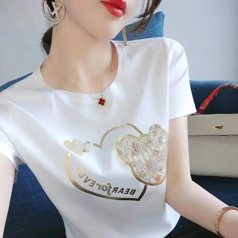 White short sleeves T-shirt Women's Summer New style Gold Print Round neck Short Sleeve T-shirt Tops Womenswear
White short sleeves T-shirt Women's Summer New style Gold Print Round neck Short Sleeve T-shirt Tops Womenswear