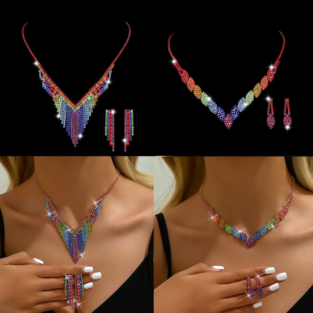 Sweet and cool colorful rhinestone necklace and earrings set, fashionable and unique rainbow geometric collar chain
Sweet and cool colorful rhinestone necklace and earrings set, fashionable and unique rainbow geometric collar chain