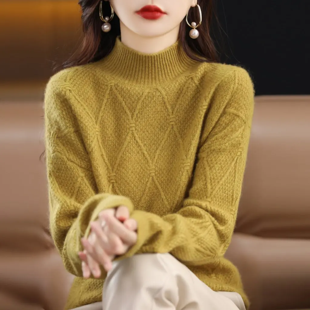 Korean Style Women's Knitted Turtleneck Sweater Thickened Solid Color Diamond Pattern Pullover Top for Inner Wear
Korean Style Women's Knitted Turtleneck Sweater Thickened Solid Color Diamond Pattern Pullover Top for Inner Wear